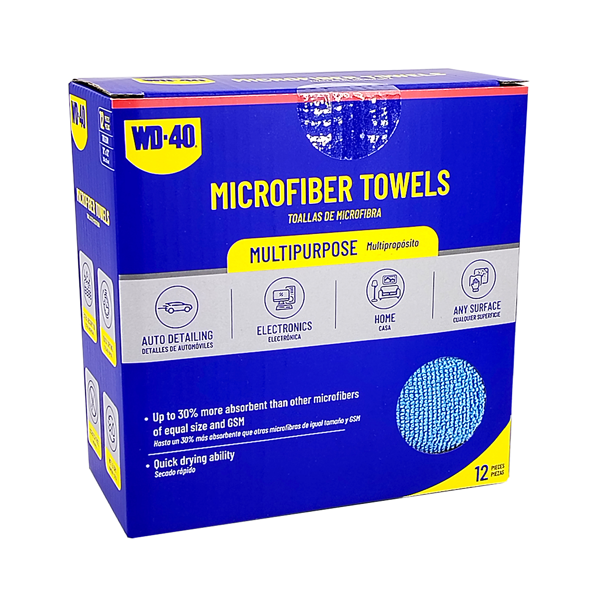 WD-40 Extra Absorbent Microfiber Towel — 12-Pack, Blue, Quick-Drying, Model# L40105